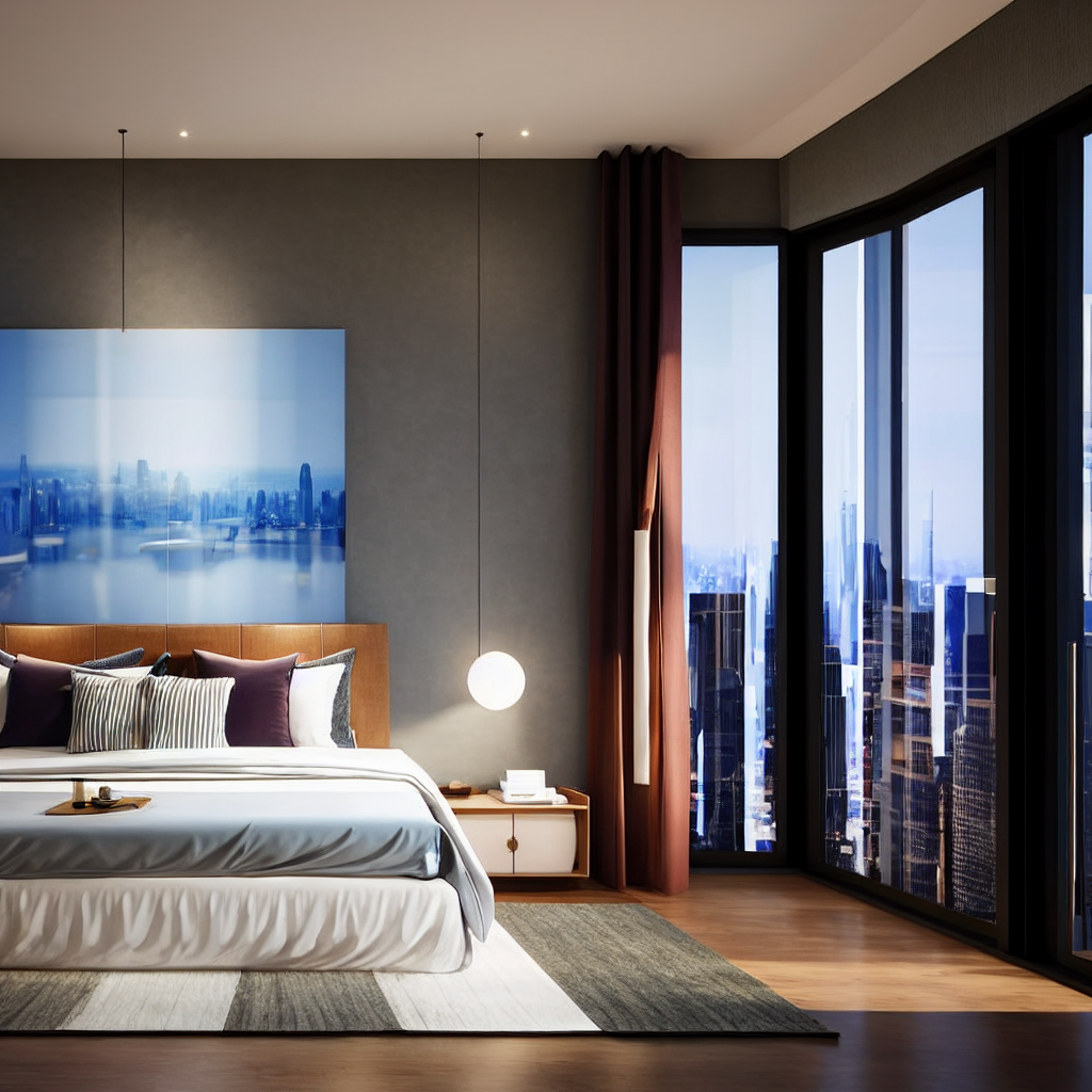 06093-738794174-a bedroom with a large bed and a large window overlooking the city skylines in the distance, with a painting on the wall, Edi Ra.png